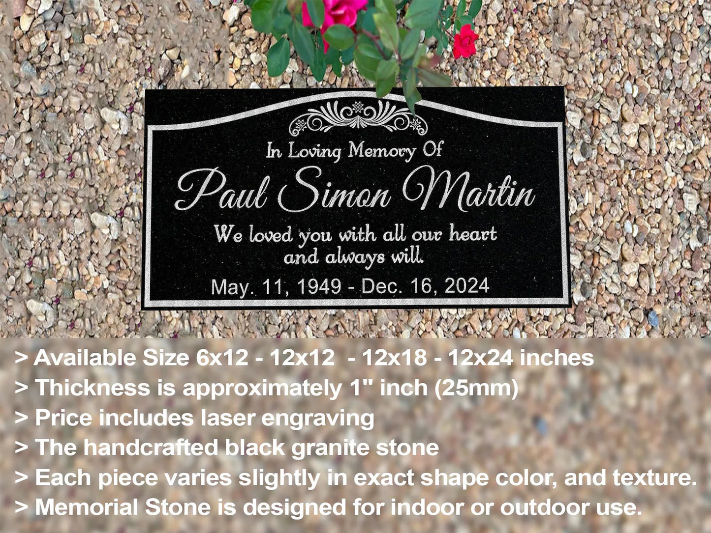 Personalized Black Granite Memorial Stone - Custom Grave Marker, Headstone, Condolence Gift Garden Memorial 6x12, 12x12, 12x18, 12x24 1-inch