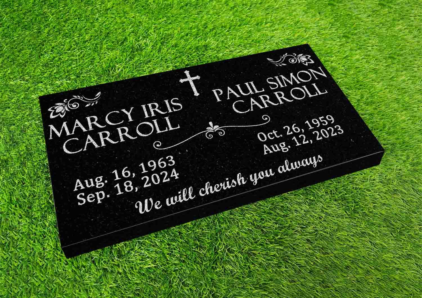 Custom Memorial Black Granite Stone, 12x24 inches Grave Marker for One or Two Loved Ones – Husband and Wife Headstone, Cemetery Tombstone (2)