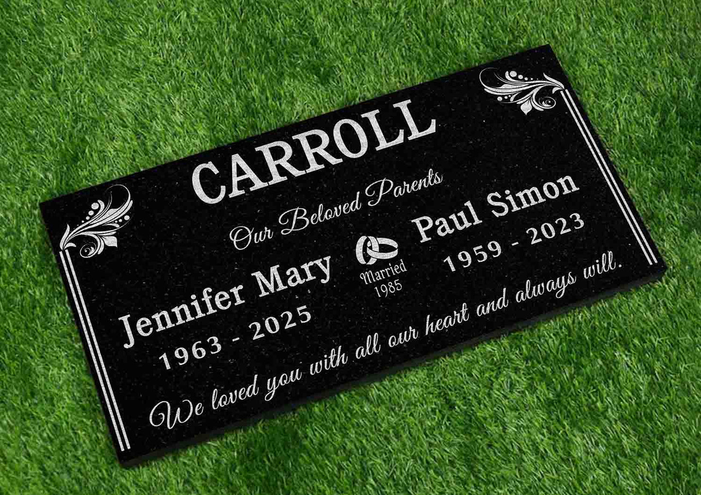 Custom Memorial Black Granite Stone, 12x24 inches Grave Marker for One or Two Loved Ones – Husband and Wife Headstone, Cemetery Tombstone