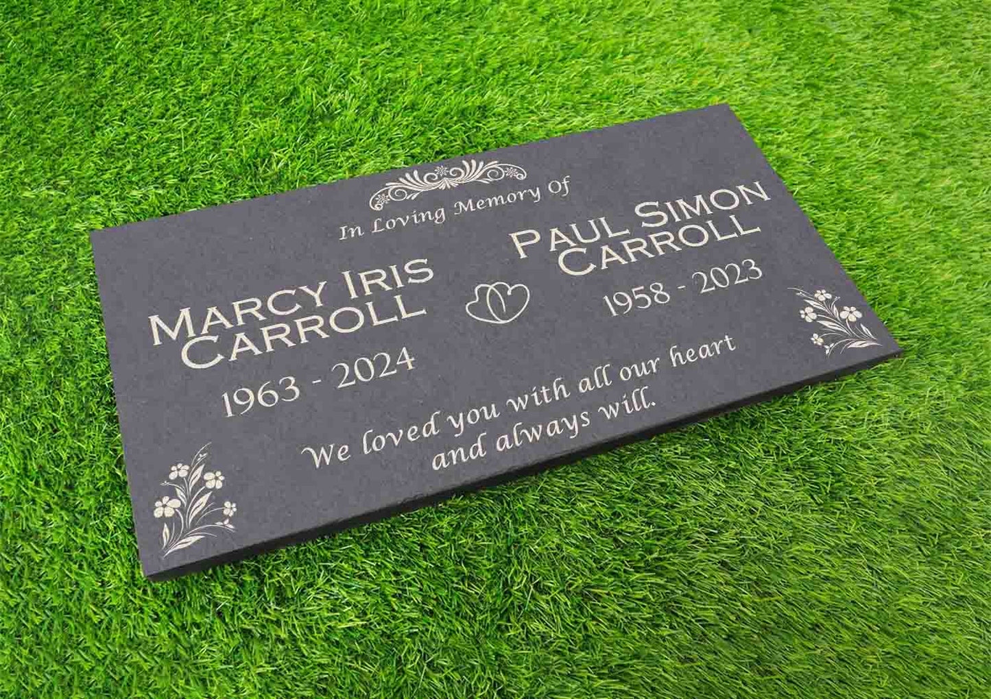 Custom Memorial Gray Slate Stone, 12x24 inches Grave Marker for One or Two Loved Ones, Husband and Wife Headstone, Cemetery Tombstone (2)