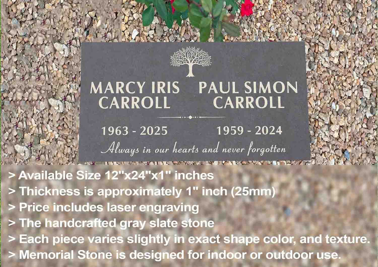 Custom Memorial Gray Slate Stone, 12x24 inches Grave Marker for One or Two Loved Ones, Husband and Wife Headstone, Cemetery Tombstone (2)