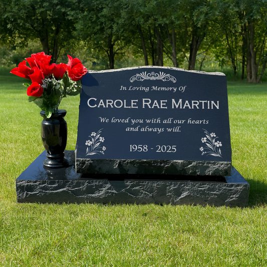 Personalized Laser Engraved Slant Headstone Black Granite Tombstone Monument, Human & Pet, Large Size Headstone