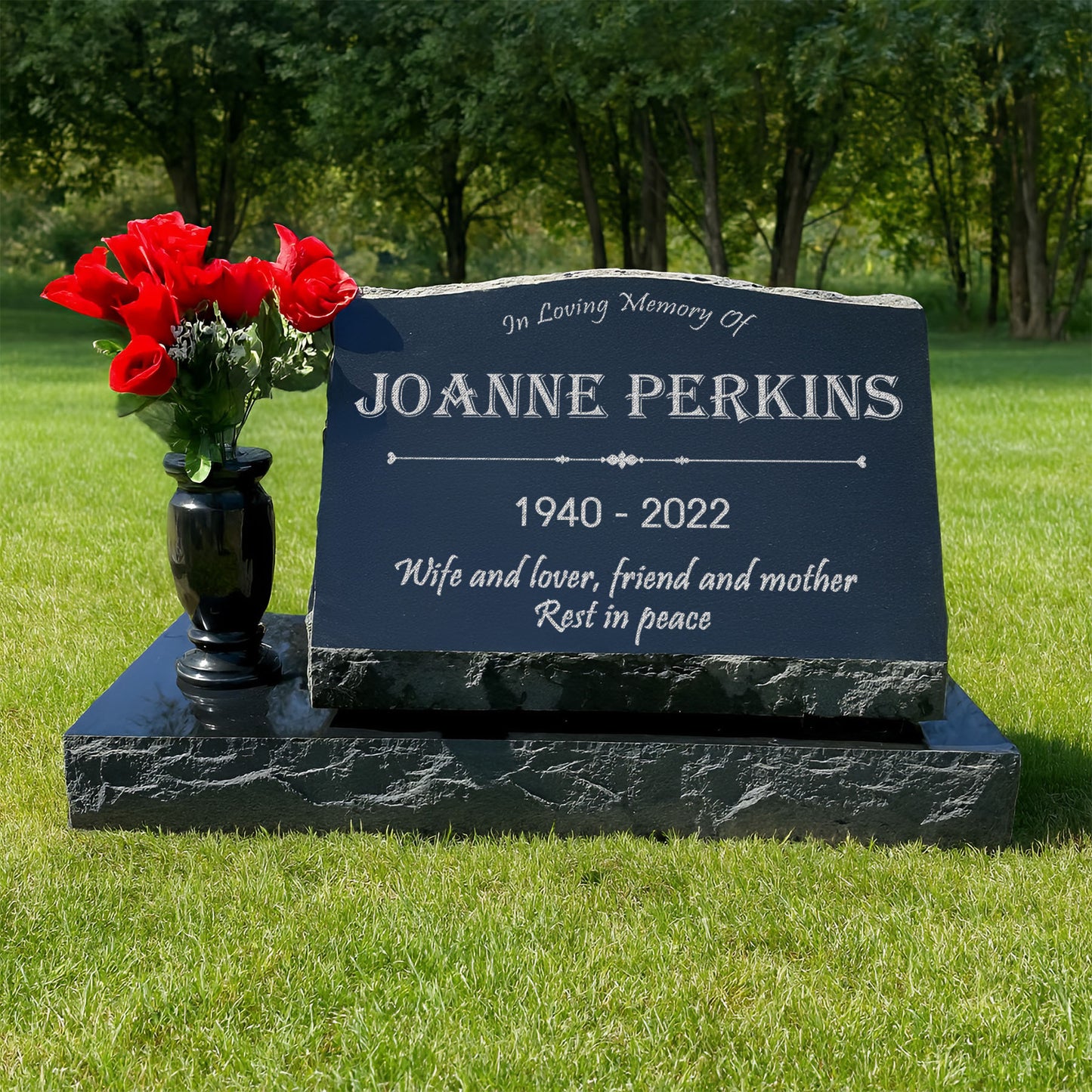 Personalized Laser Engraved Slant Headstone Black Granite Tombstone Monument, Human & Pet, Large Size Headstone