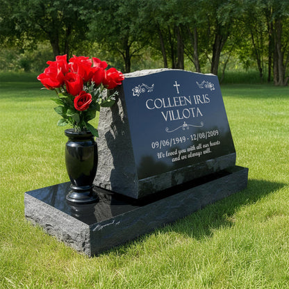 Personalized Laser Engraved Slant Headstone Black Granite Tombstone Monument, Human & Pet, Large Size Headstone