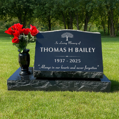 Personalized Laser Engraved Slant Headstone Black Granite Tombstone Monument, Human & Pet, Large Size Headstone