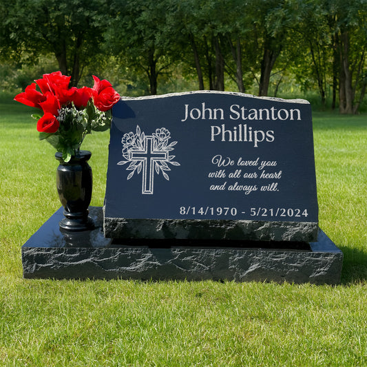 Personalized Laser Engraved Slant Headstone Black Granite Tombstone Monument, Human & Pet, Large Size Headstone