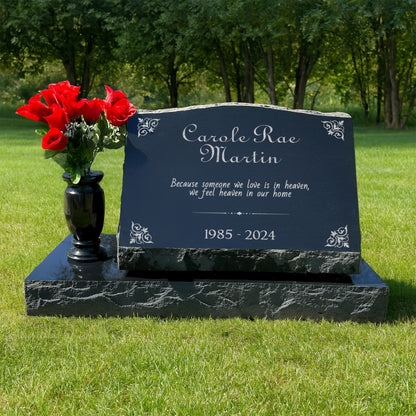 Personalized Laser Engraved Slant Headstone Black Granite Tombstone Monument, Human & Pet, Large Size Headstone