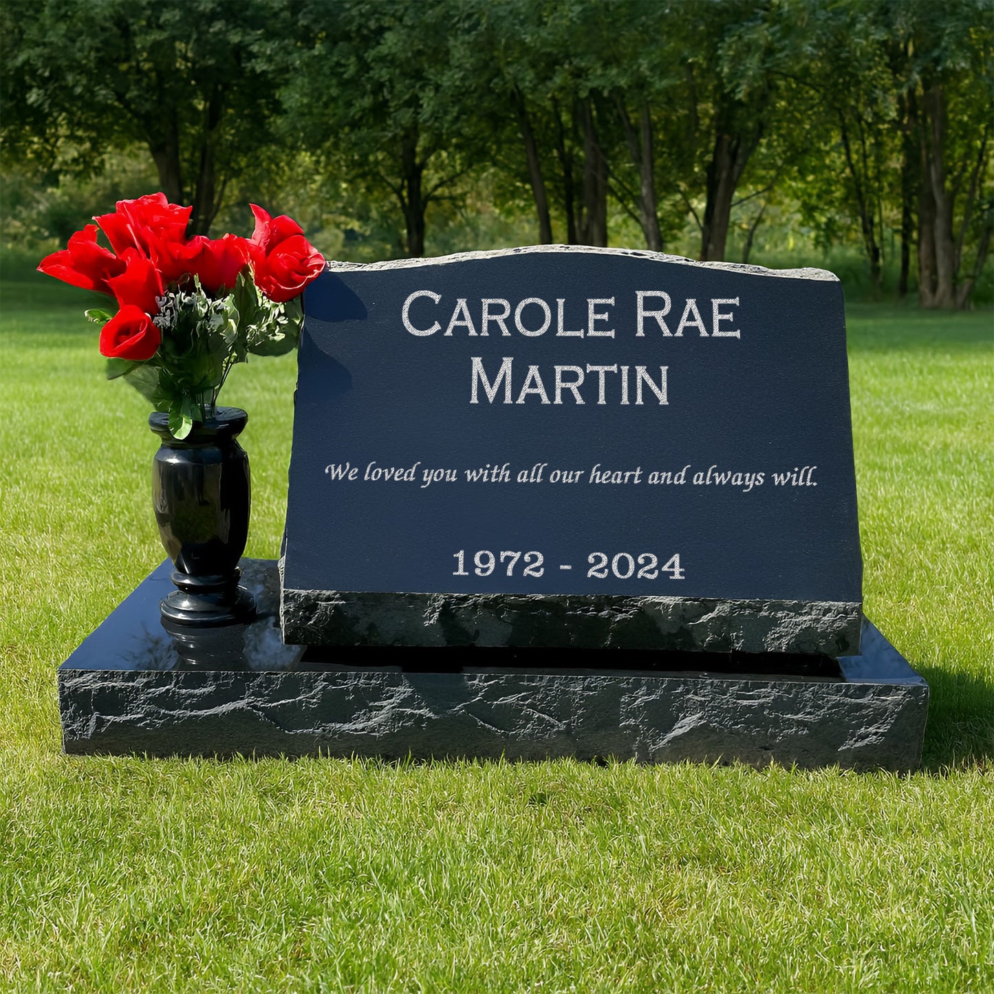 Personalized Laser Engraved Slant Headstone Black Granite Tombstone Monument, Human & Pet, Large Size Headstone
