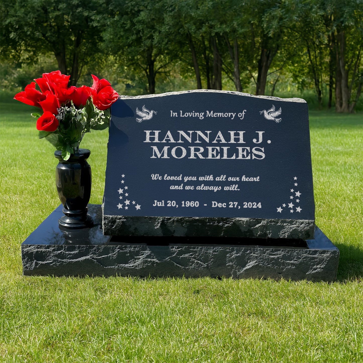 Personalized Laser Engraved Slant Headstone Black Granite Tombstone Monument, Human & Pet, Large Size Headstone