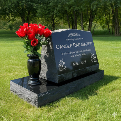 Personalized Laser Engraved Slant Headstone Black Granite Tombstone Monument, Human & Pet, Large Size Headstone