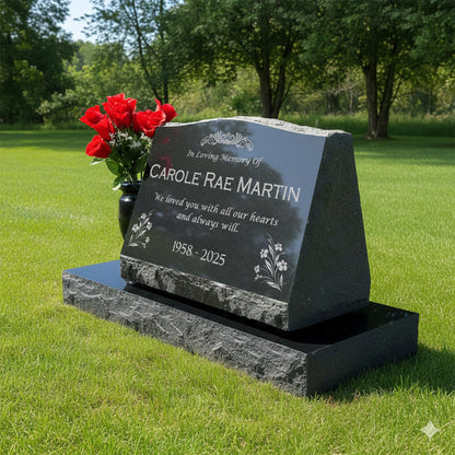 Personalized Laser Engraved Slant Headstone Black Granite Tombstone Monument, Human & Pet, Large Size Headstone