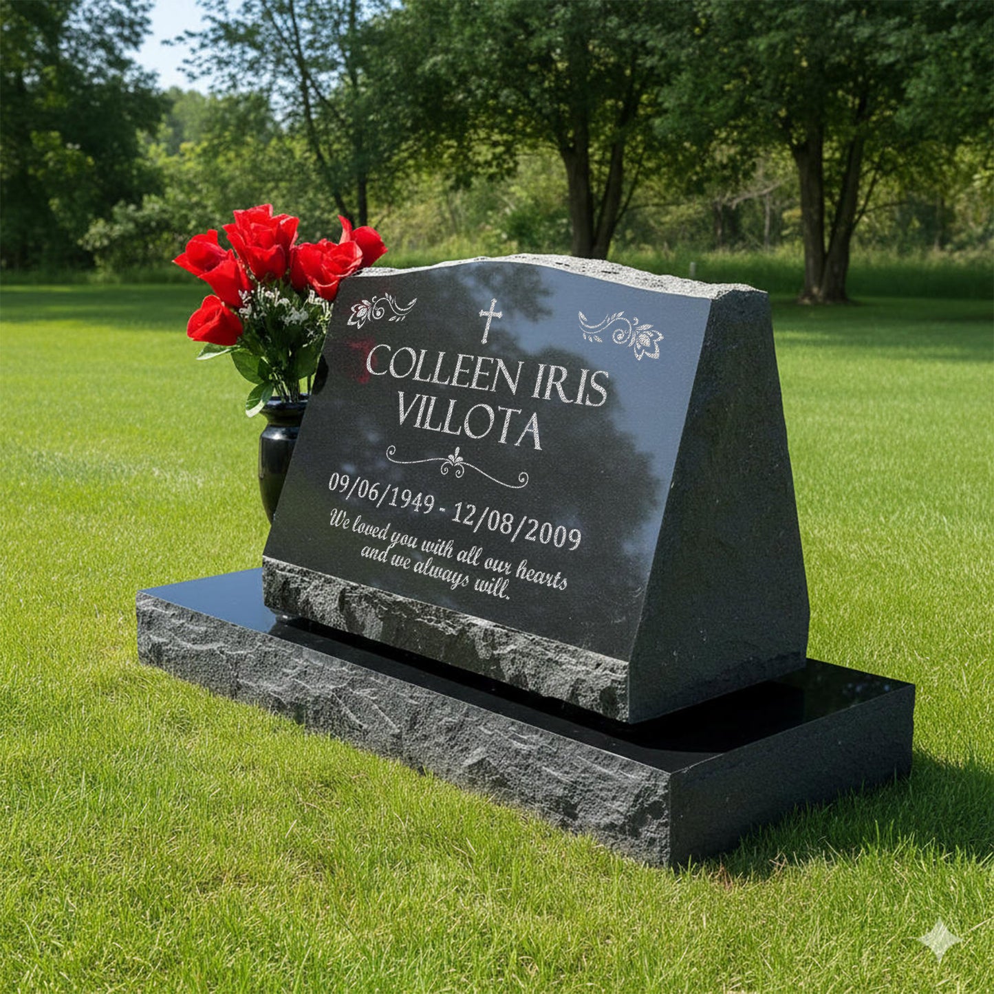 Personalized Laser Engraved Slant Headstone Black Granite Tombstone Monument, Human & Pet, Large Size Headstone