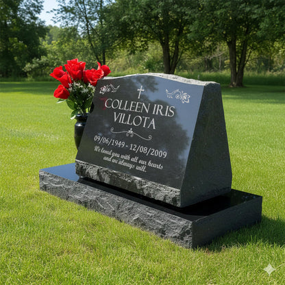 Personalized Laser Engraved Slant Headstone Black Granite Tombstone Monument, Human & Pet, Large Size Headstone