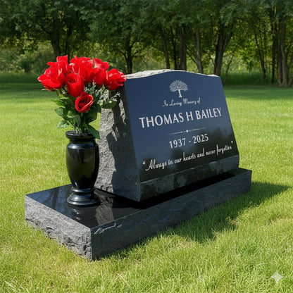 Personalized Laser Engraved Slant Headstone Black Granite Tombstone Monument, Human & Pet, Large Size Headstone