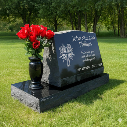 Personalized Laser Engraved Slant Headstone Black Granite Tombstone Monument, Human & Pet, Large Size Headstone