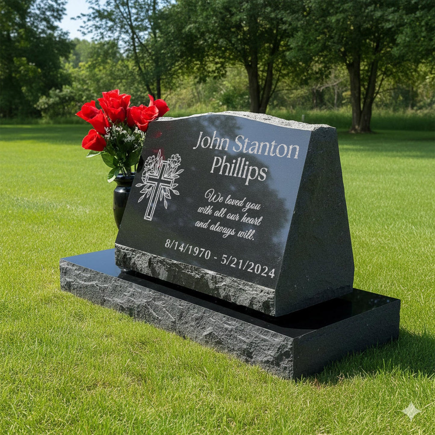 Personalized Laser Engraved Slant Headstone Black Granite Tombstone Monument, Human & Pet, Large Size Headstone