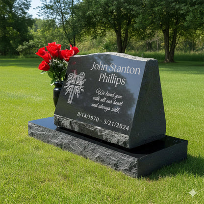 Personalized Laser Engraved Slant Headstone Black Granite Tombstone Monument, Human & Pet, Large Size Headstone