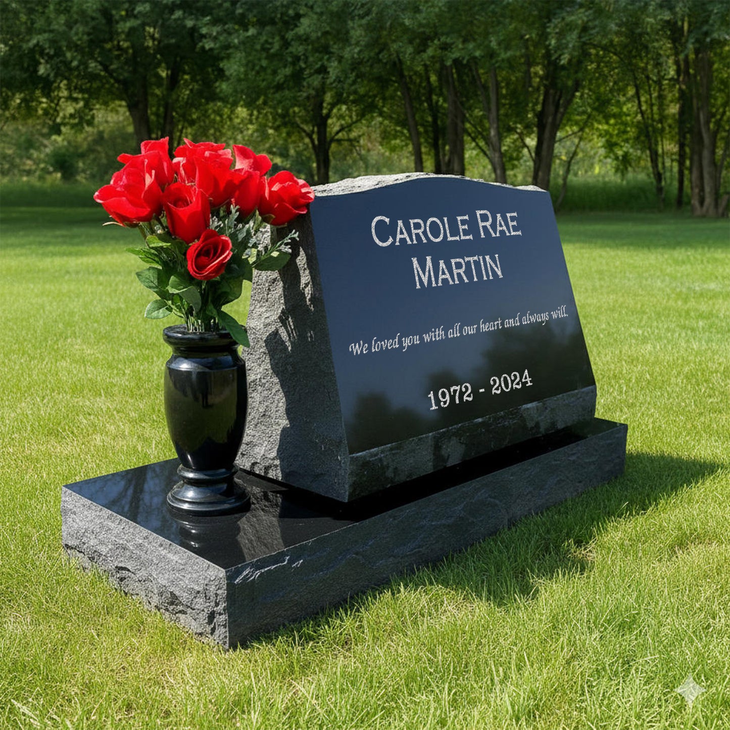 Personalized Laser Engraved Slant Headstone Black Granite Tombstone Monument, Human & Pet, Large Size Headstone