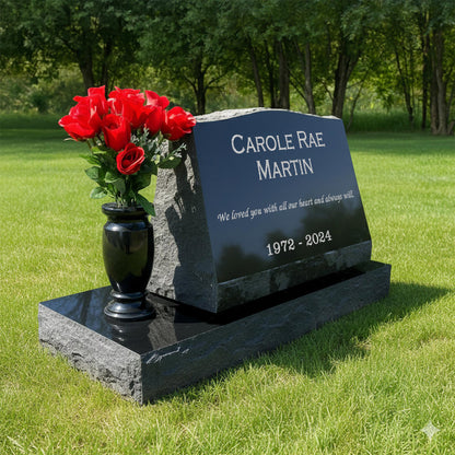 Personalized Laser Engraved Slant Headstone Black Granite Tombstone Monument, Human & Pet, Large Size Headstone