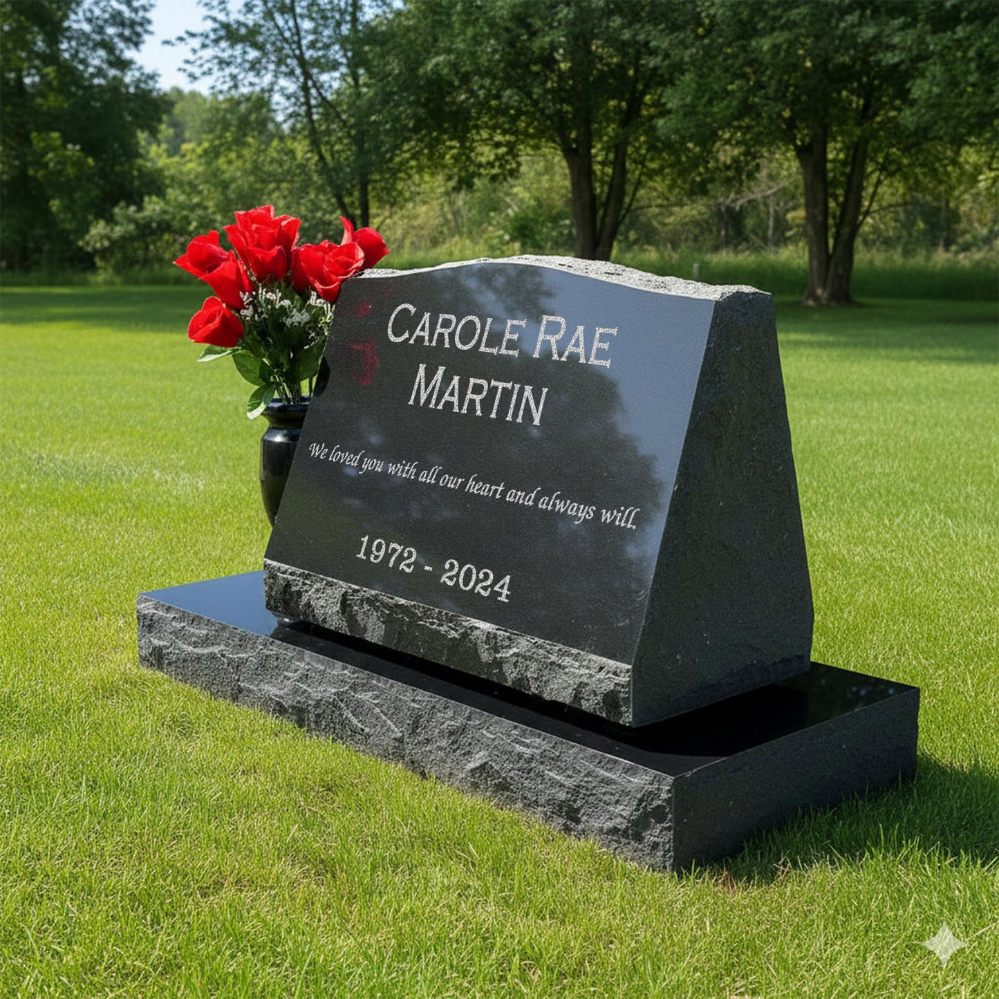 Personalized Laser Engraved Slant Headstone Black Granite Tombstone Monument, Human & Pet, Large Size Headstone