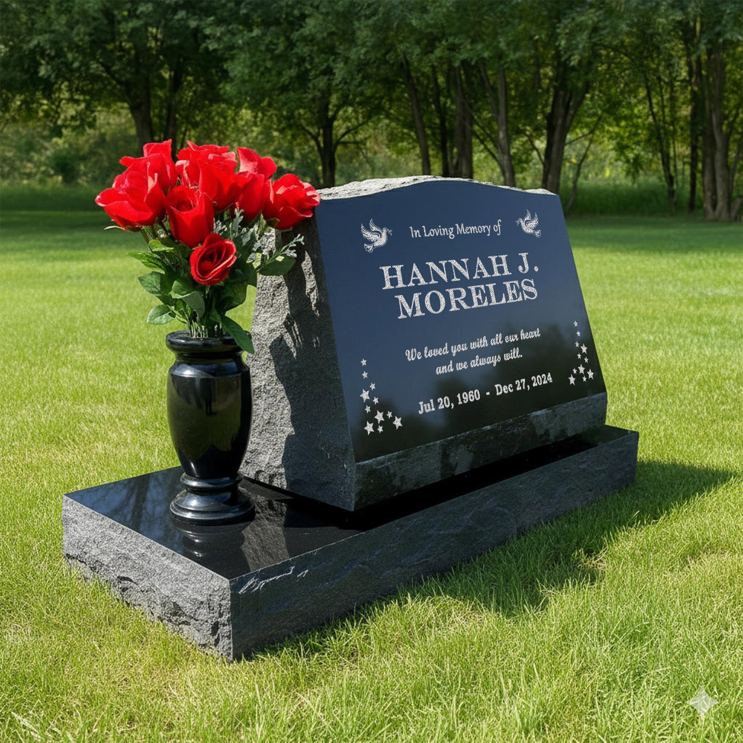Personalized Laser Engraved Slant Headstone Black Granite Tombstone Monument, Human & Pet, Large Size Headstone