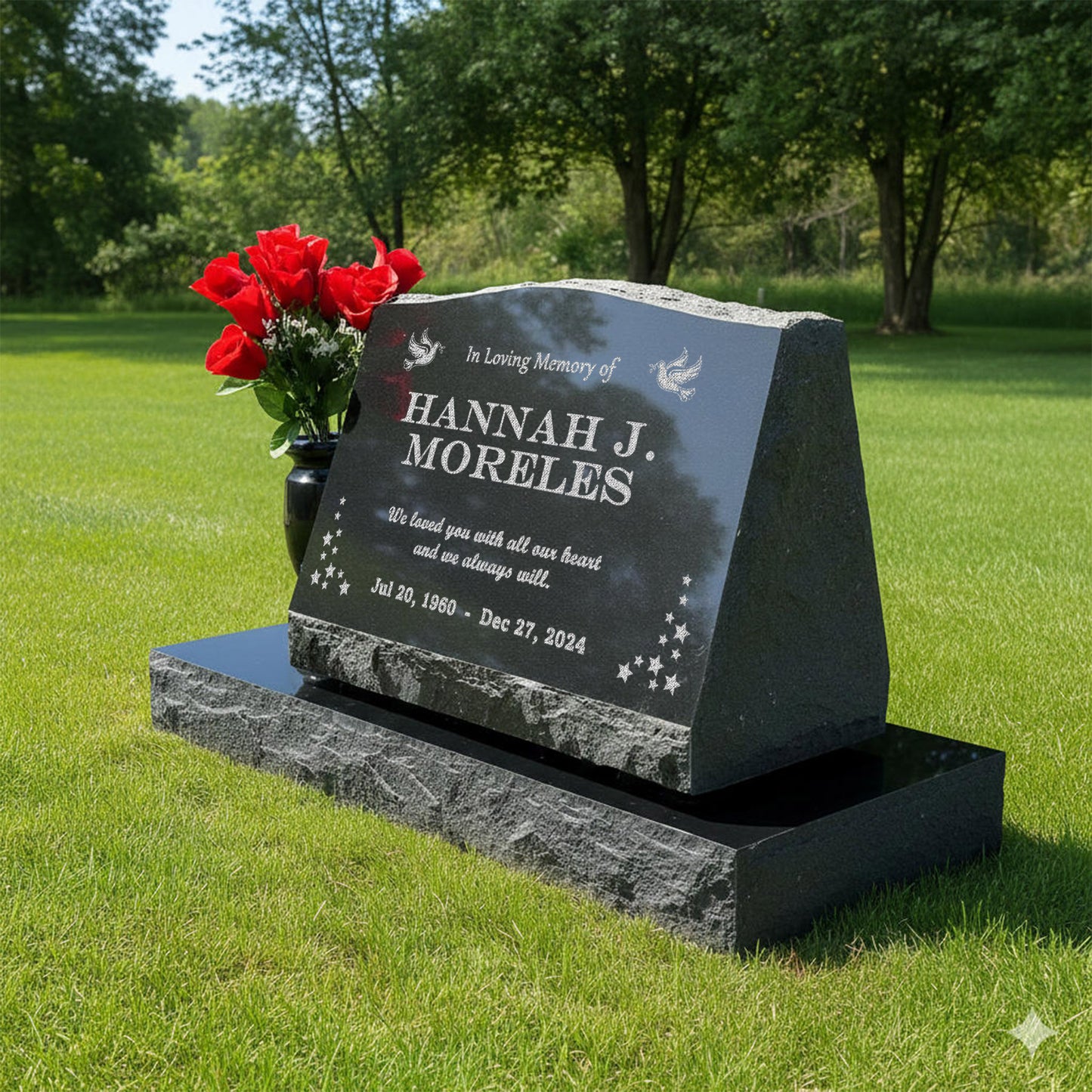 Personalized Laser Engraved Slant Headstone Black Granite Tombstone Monument, Human & Pet, Large Size Headstone