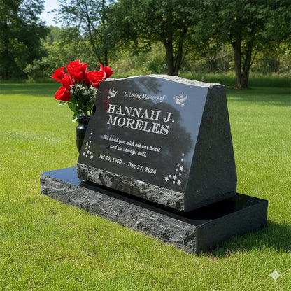 Personalized Laser Engraved Slant Headstone Black Granite Tombstone Monument, Human & Pet, Large Size Headstone