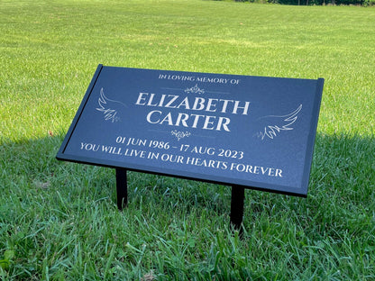 Personalized Black Granite Headstone, Tombstone – 12x6 & 24x12 Memorial Grave Marker with Metal Stand, Graveyard sign