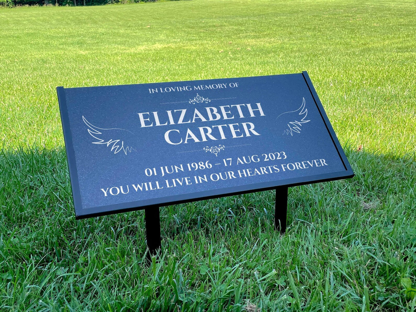 Personalized Black Granite Headstone, Tombstone – 12x6 & 24x12 Memorial Grave Marker with Metal Stand, Graveyard sign