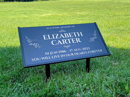 Personalized Black Granite Headstone, Tombstone – 12x6 & 24x12 Memorial Grave Marker with Metal Stand, Graveyard sign