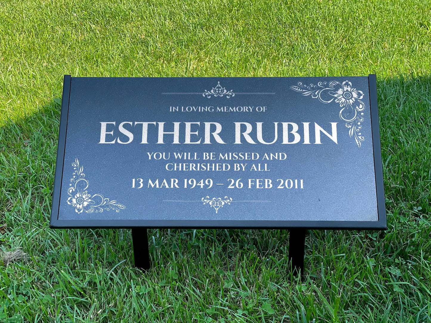 Personalized Black Granite Headstone, Tombstone – 12x6 & 24x12 Memorial Grave Marker with Metal Stand, Graveyard sign
