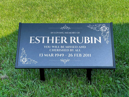 Personalized Black Granite Headstone, Tombstone – 12x6 & 24x12 Memorial Grave Marker with Metal Stand, Graveyard sign