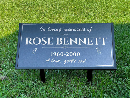 Personalized Black Granite Headstone, Tombstone – 12x6 & 24x12 Memorial Grave Marker with Metal Stand, Graveyard sign
