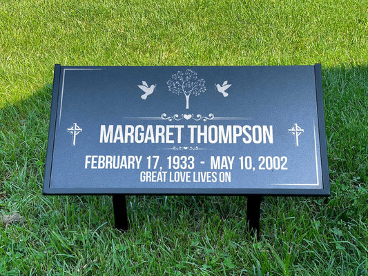 Personalized Black Granite Headstone, Tombstone – 12x6 & 24x12 Memorial Grave Marker with Metal Stand, Graveyard sign