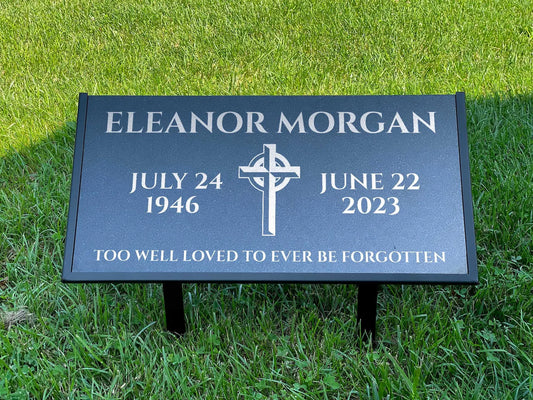 Personalized Black Granite Headstone, Tombstone – 12x6 & 24x12 Memorial Grave Marker with Metal Stand, Graveyard sign
