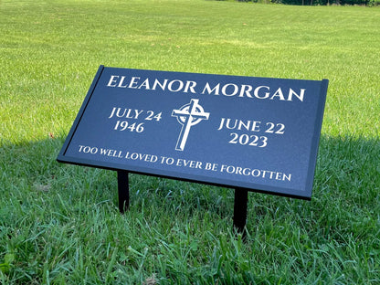 Personalized Black Granite Headstone, Tombstone – 12x6 & 24x12 Memorial Grave Marker with Metal Stand, Graveyard sign