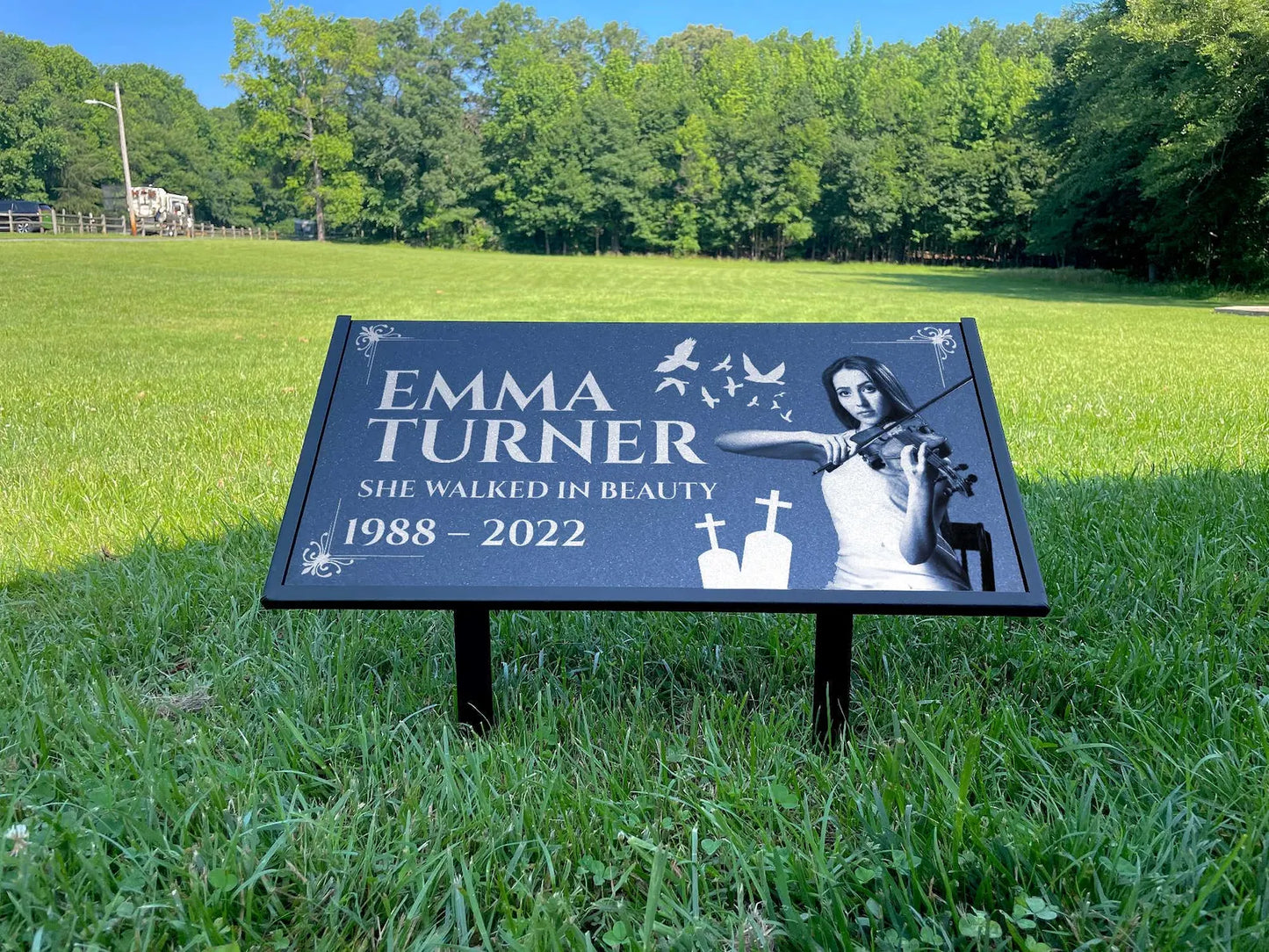Personalized Black Granite Headstone, Tombstone with Photo 24x12 Memorial Grave Marker with Metal Stand, Graveyard sign