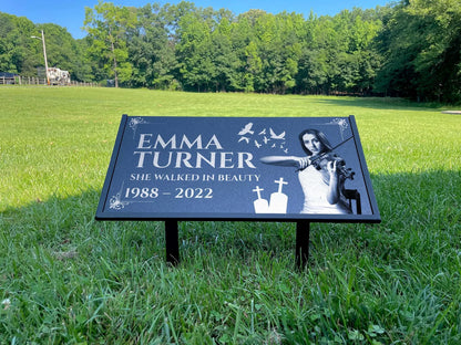 Personalized Black Granite Headstone, Tombstone with Photo 24x12 Memorial Grave Marker with Metal Stand, Graveyard sign