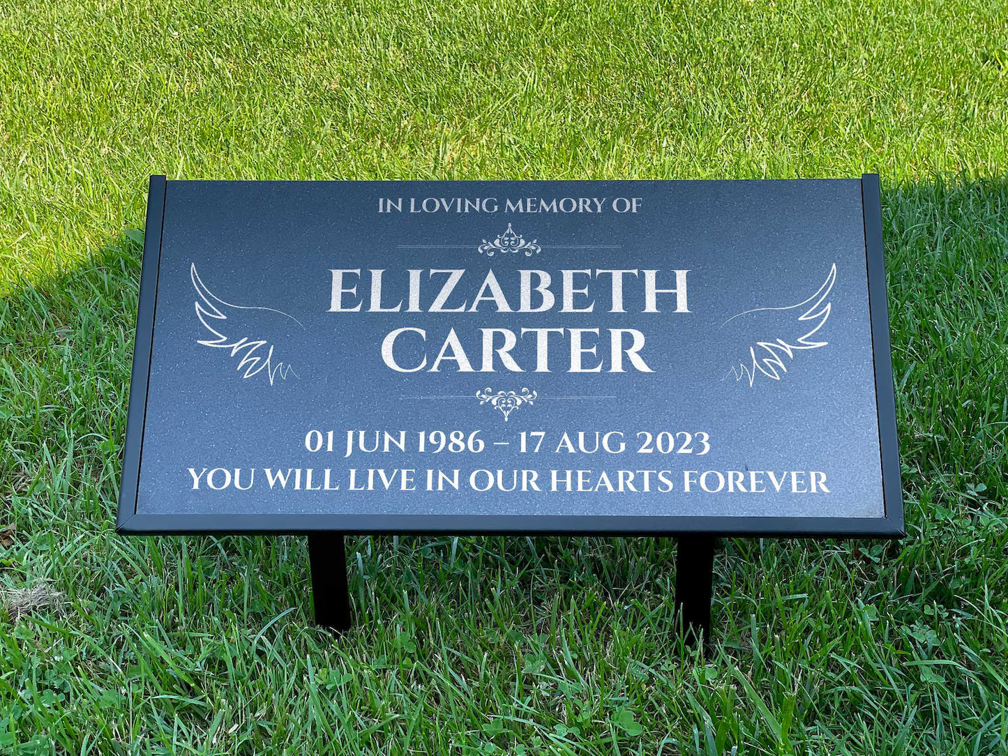 Personalized Black Granite Headstone, Tombstone – 12x6 & 24x12 Memorial Grave Marker with Metal Stand, Graveyard sign
