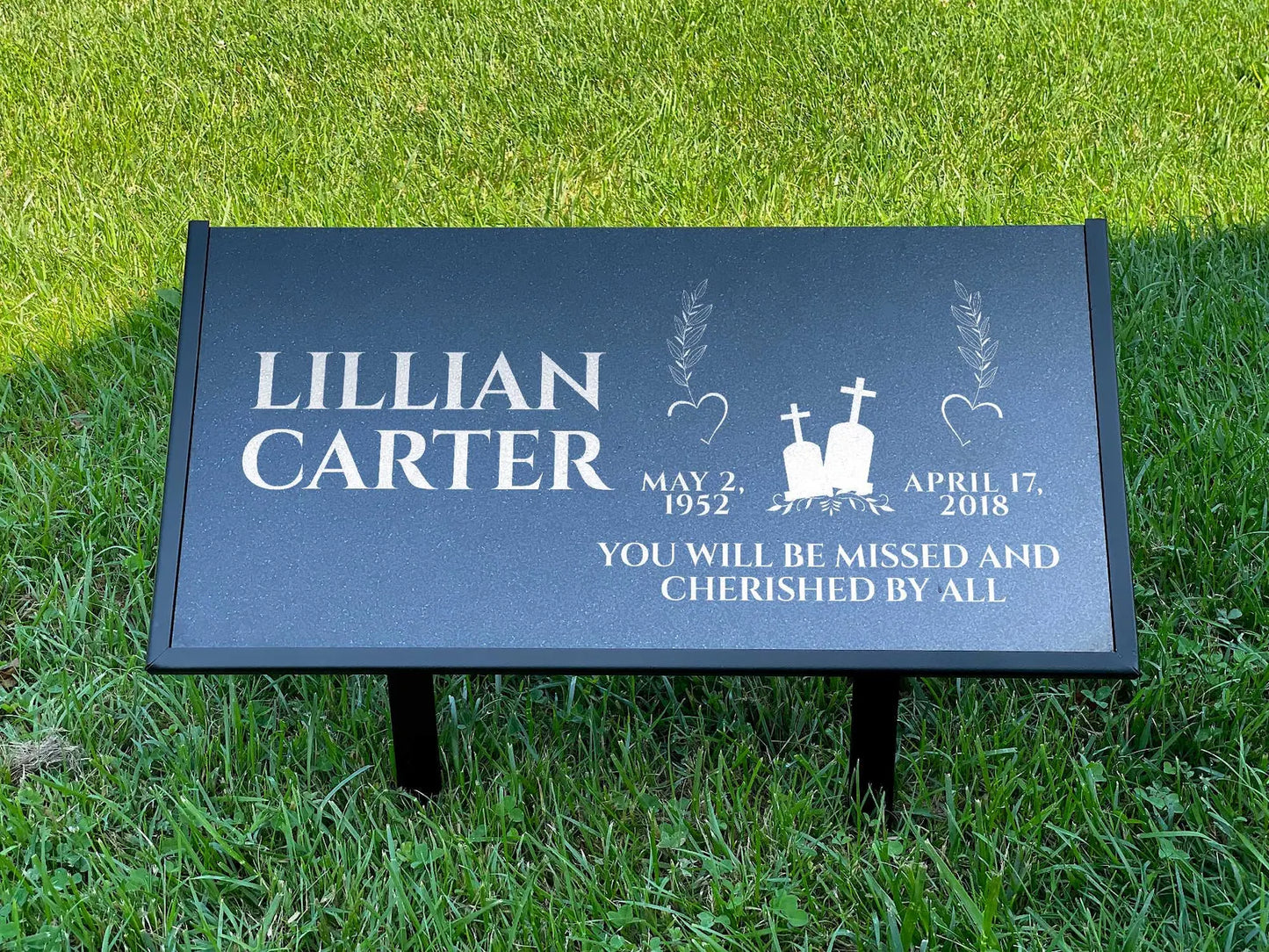 Personalized Black Granite Headstone, Tombstone – 12x6 & 24x12 Memorial Grave Marker with Metal Stand, Graveyard sign
