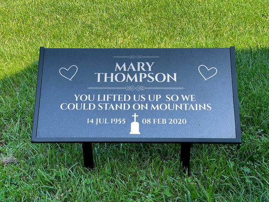Personalized Black Granite Headstone, Tombstone – 12x6 & 24x12 Memorial Grave Marker with Metal Stand, Graveyard sign