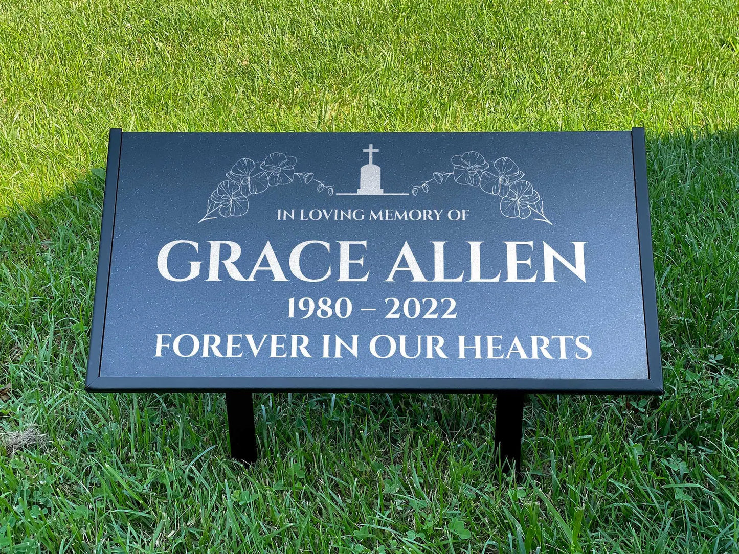 Personalized Black Granite Headstone, Tombstone – 12x6 & 24x12 Memorial Grave Marker with Metal Stand, Graveyard sign