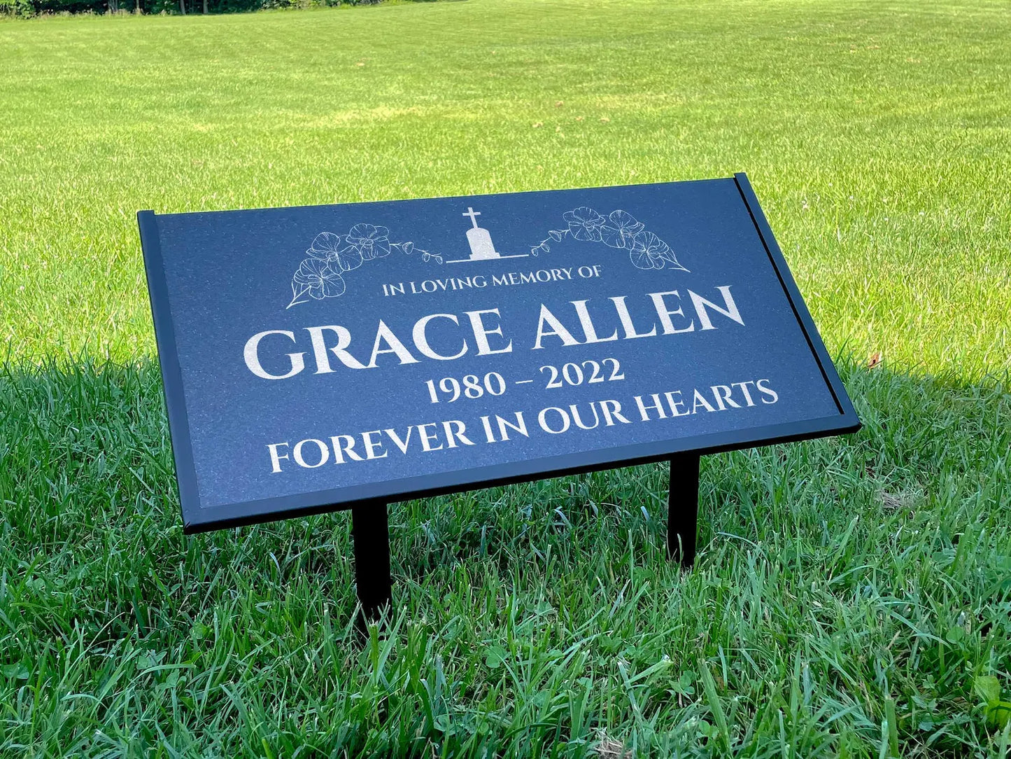 Personalized Black Granite Headstone, Tombstone – 12x6 & 24x12 Memorial Grave Marker with Metal Stand, Graveyard sign