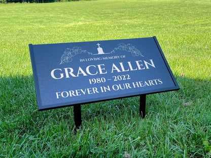 Personalized Black Granite Headstone, Tombstone – 12x6 & 24x12 Memorial Grave Marker with Metal Stand, Graveyard sign