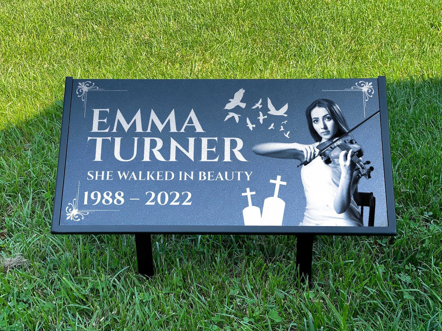 Personalized Black Granite Headstone, Tombstone with Photo 24x12 Memorial Grave Marker with Metal Stand, Graveyard sign