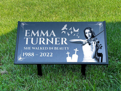 Personalized Black Granite Headstone, Tombstone with Photo 24x12 Memorial Grave Marker with Metal Stand, Graveyard sign