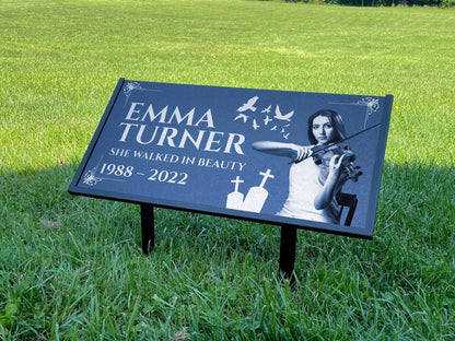 Personalized Black Granite Headstone, Tombstone with Photo 24x12 Memorial Grave Marker with Metal Stand, Graveyard sign