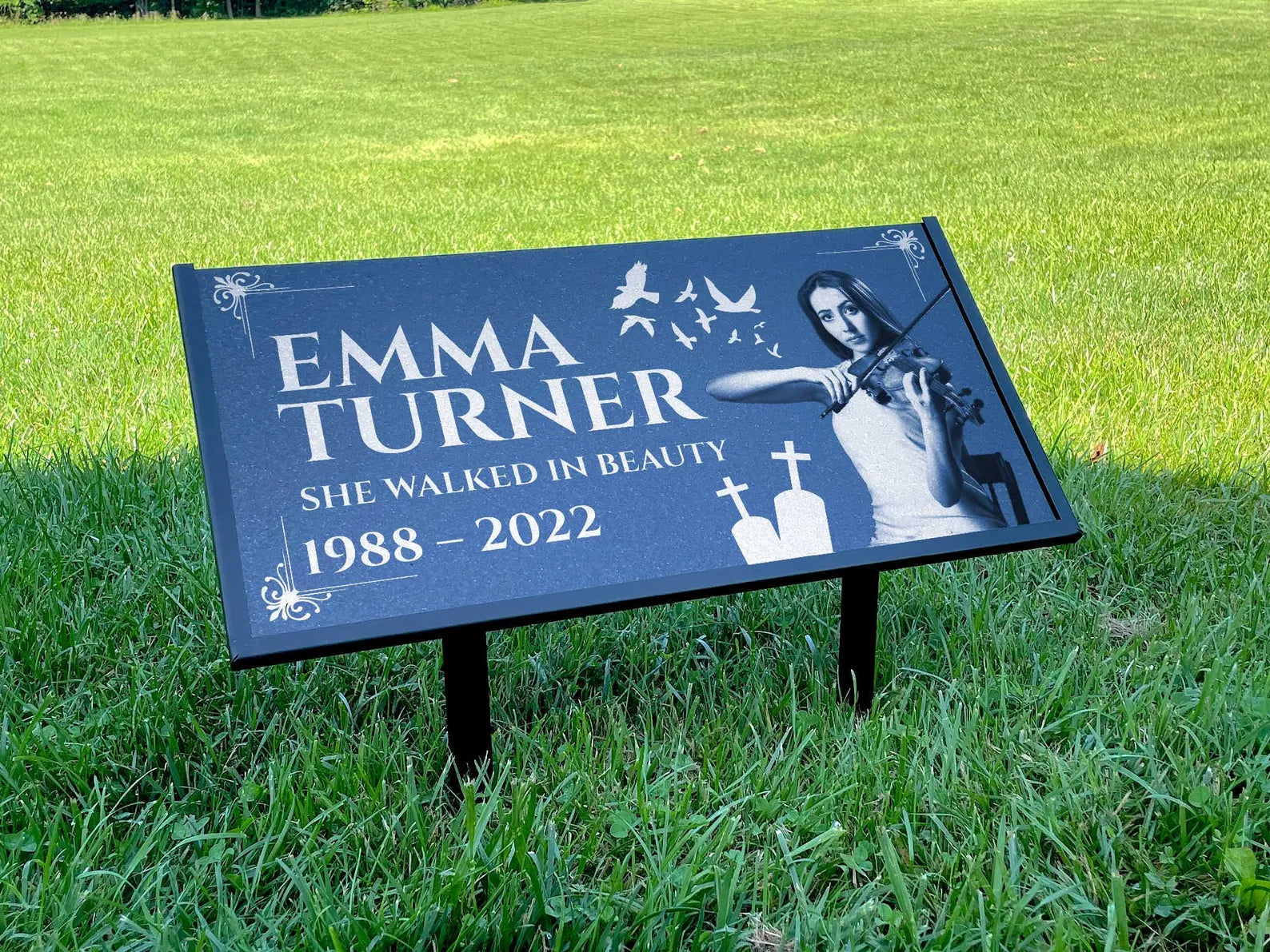 Custom 24x12" Black Granite Headstone with Photo & Metal Stand