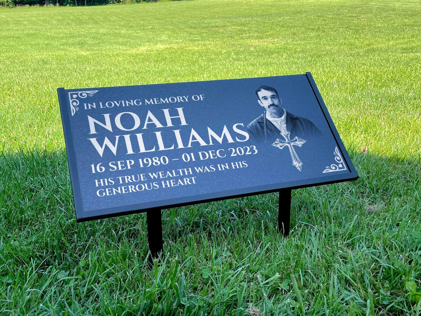 Personalized Black Granite Headstone, Tombstone with Photo 24x12 Memorial Grave Marker with Metal Stand, Graveyard sign (Copy)