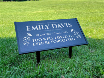 Personalized Black Granite Headstone, Tombstone – 12x6 & 24x12 Memorial Grave Marker with Metal Stand, Graveyard sign